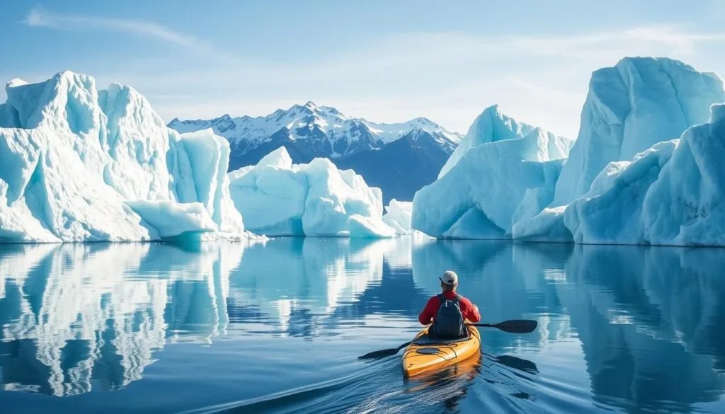 Kayaking among icebergs in Sermilik Fjord near Tasiilaq