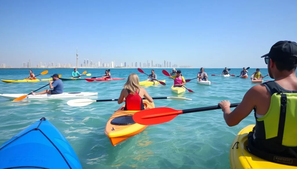 Kayaking and paddleboarding in the calm waters of the Arabian Gulf near Dammam Kayaking and paddleboarding in the calm waters of the Arabian Gulf near Dammam