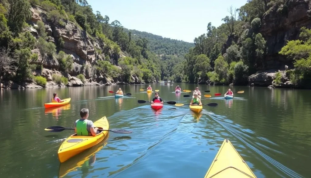 Kayaking at Audley in Royal National Park with people paddling on the calm river