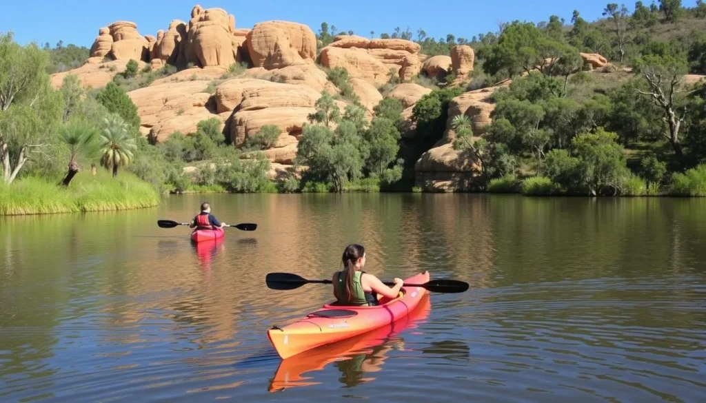 Kayaking at Dunns Swamp (Ganguddy) in Mudgee with dramatic rock formations and clear water Kayaking at Dunns Swamp (Ganguddy) in Mudgee with dramatic rock formations and clear water