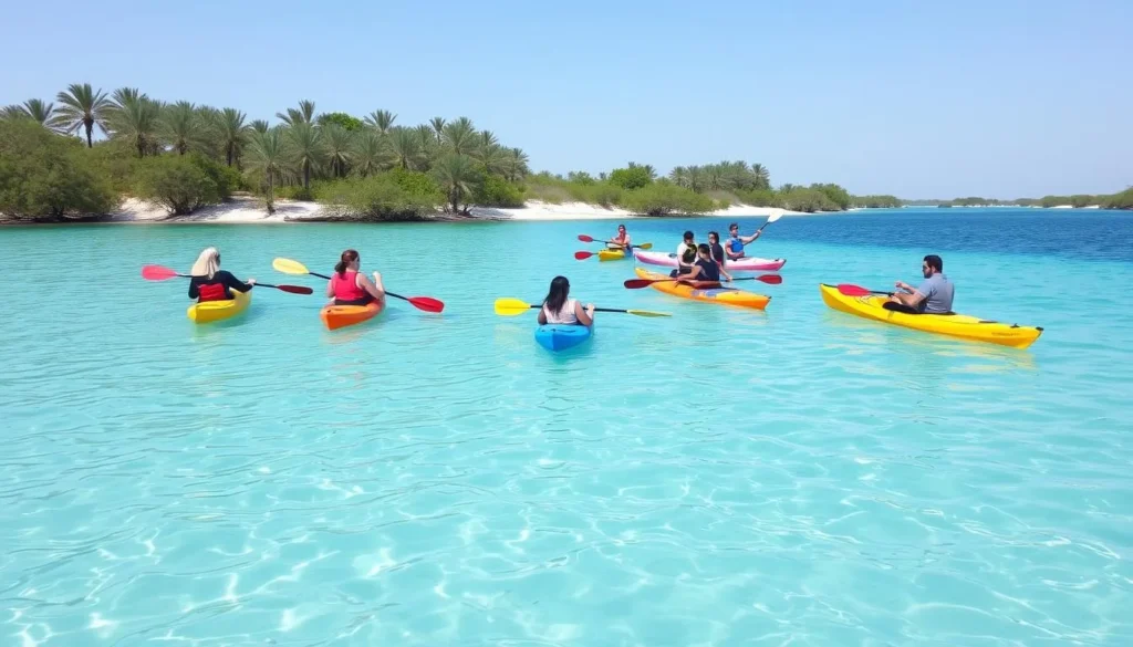 Kayaking in the clear waters near Al Ruwais beach with mangroves visible in the background