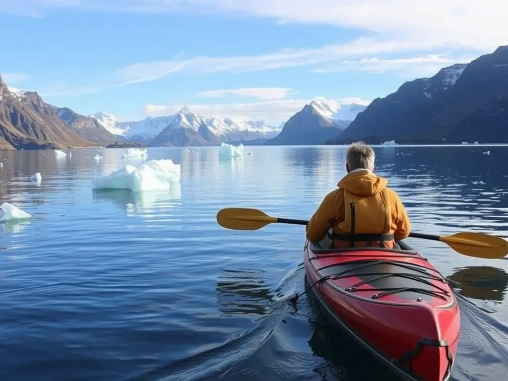 Kayaking in the fjord near Sisimiut with icebergs and mountains