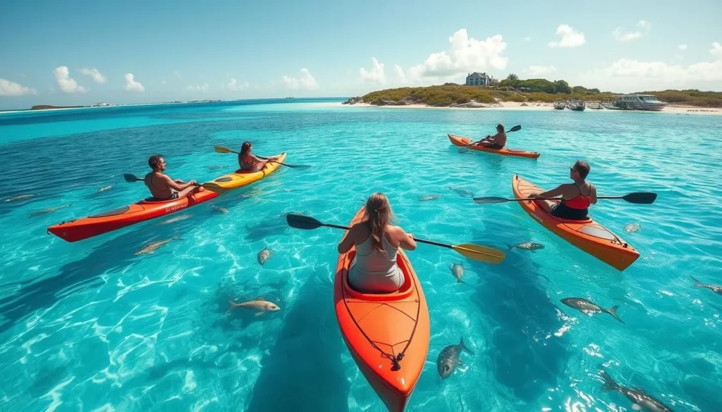 Kayaking near Scilly Cay with clear views of marine life below Kayaking near Scilly Cay with clear views of marine life below