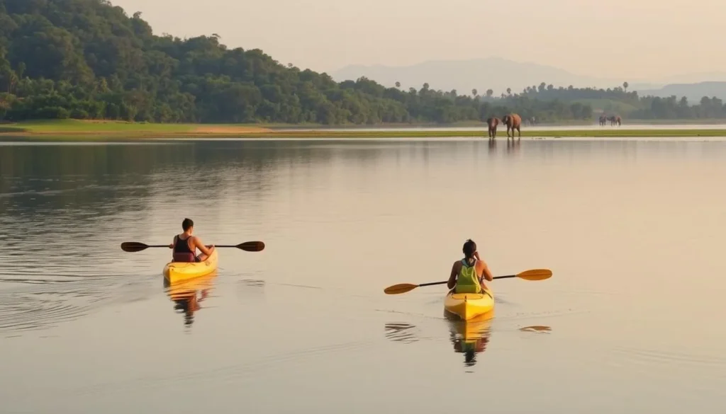 Kayaking on Kala Wewa reservoir with distant wildlife