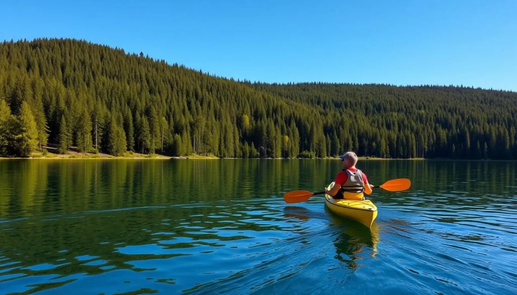 Kayaking on Lake Keltma with forested shoreline