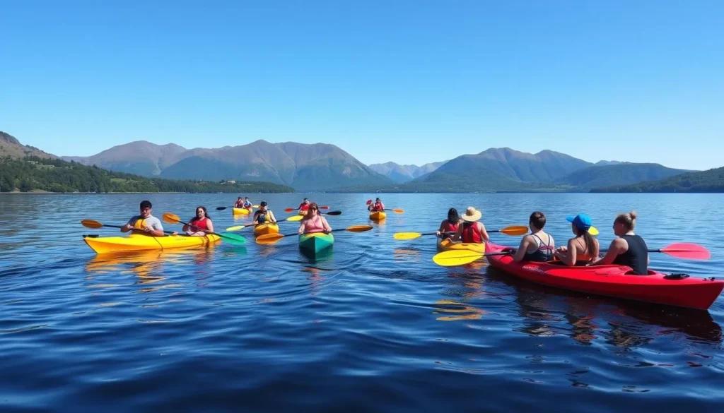 Kayaking on Loch Lomond with mountains in the background