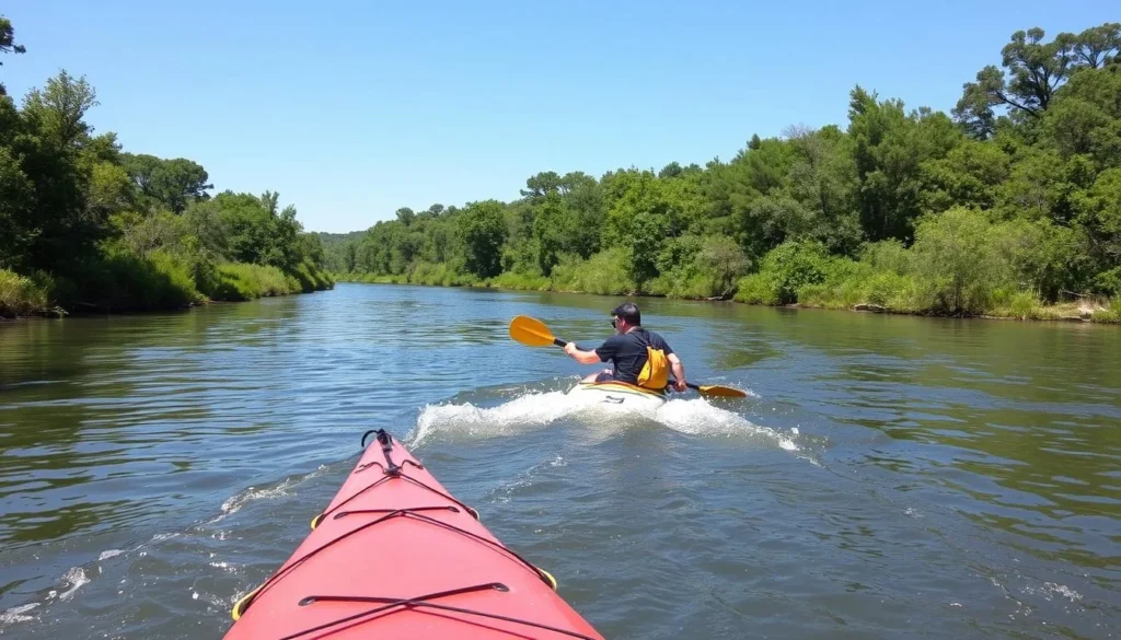 Kayaking on the Concho River in San Angelo Texas with lush greenery along the riverbanks