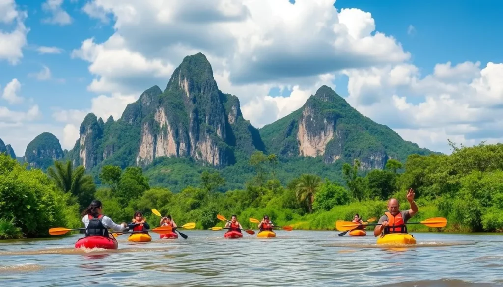 Kayaking on the Nam Khan River with limestone karst formations of the Luang Prabang Range in background