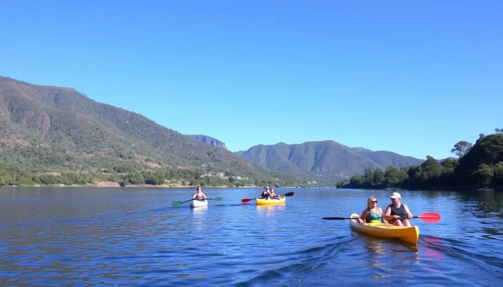 Kayaking on the Shoalhaven River with mountain views Kayaking on the Shoalhaven River with mountain views
