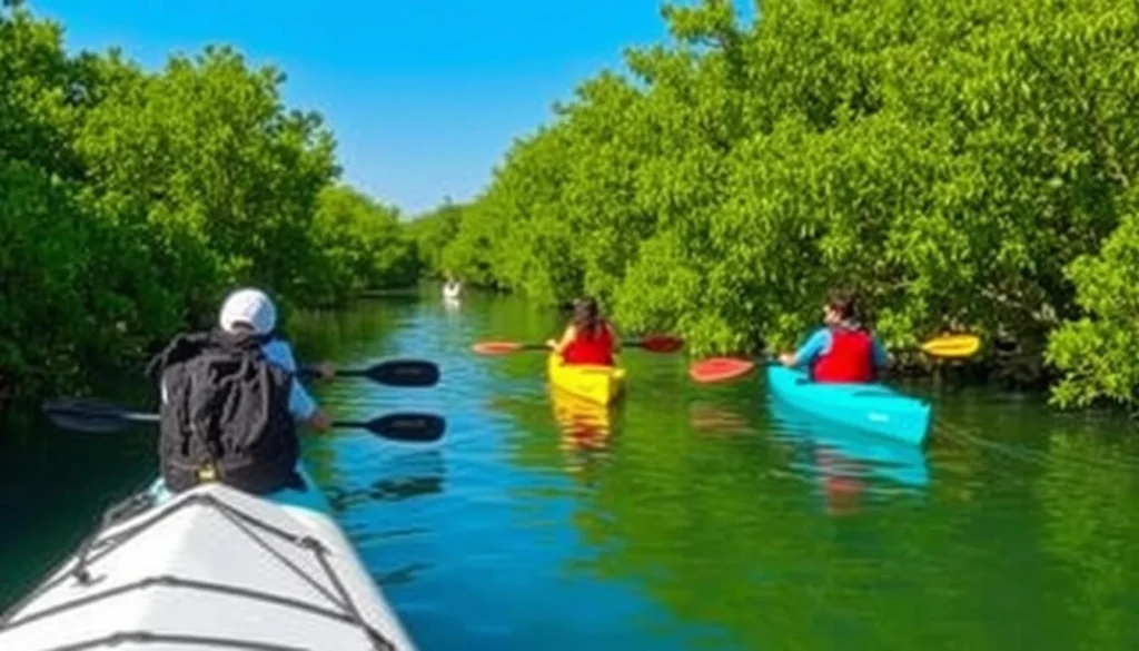 Kayaking through Al Thakira mangroves near Al Shamal Qatar with birds and lush greenery