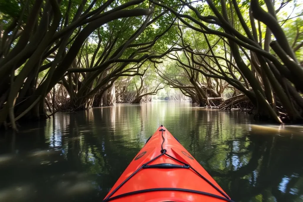 Kayaking through mangrove forests in Handeleum area of Ujung Kulon