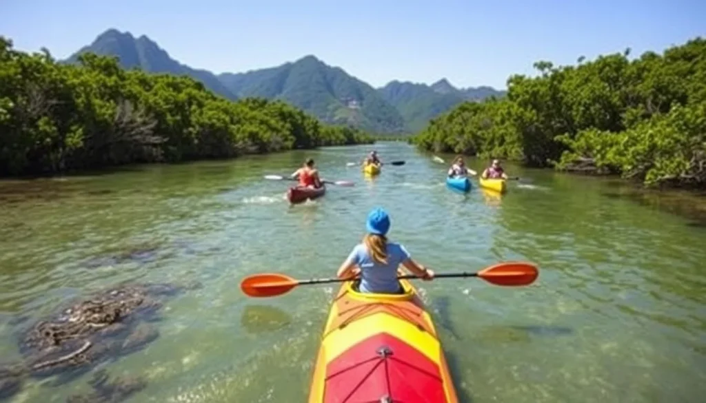 Kayaking through mangroves in Paraty Bay with mountains in background Kayaking through mangroves in Paraty Bay with mountains in background