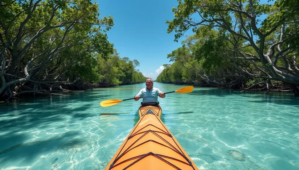 Kayaking through mangroves near Duck Key Florida with clear water and wildlife