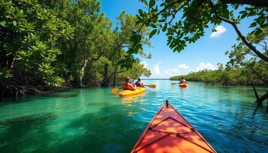 Kayaking through mangroves near San Pedro Belize