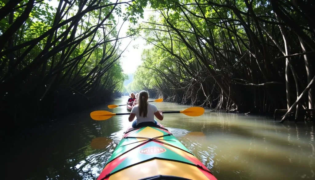 Kayaking through the mangrove channels in Lagunas de Chacahua