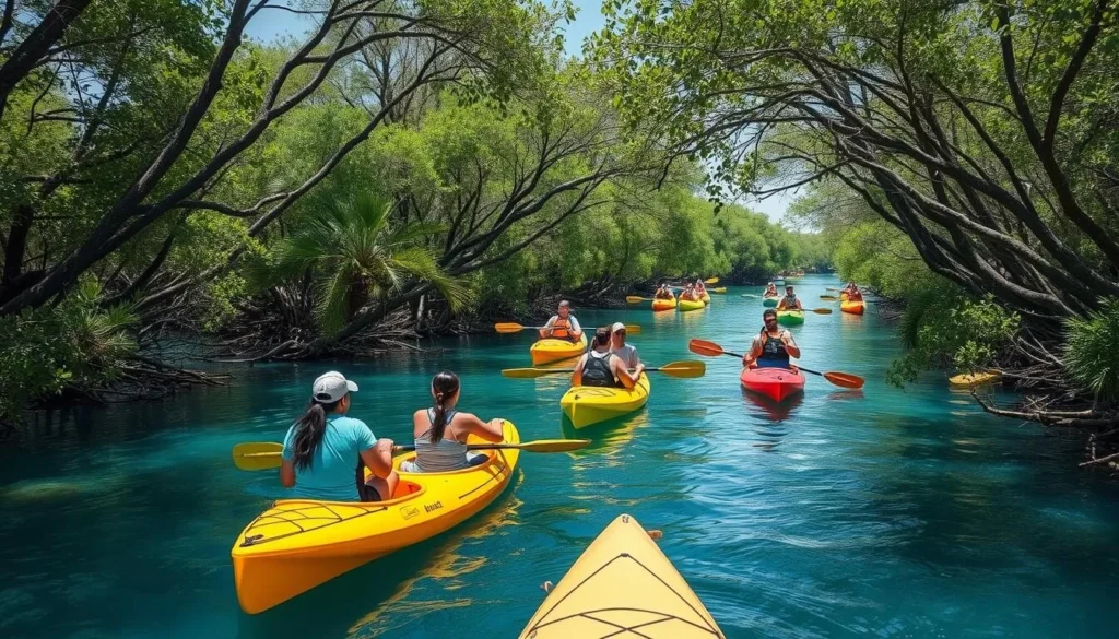 Kayaking through the mangroves at Purple Island near Al Wakrah with diverse tourists enjoying the natural scenery