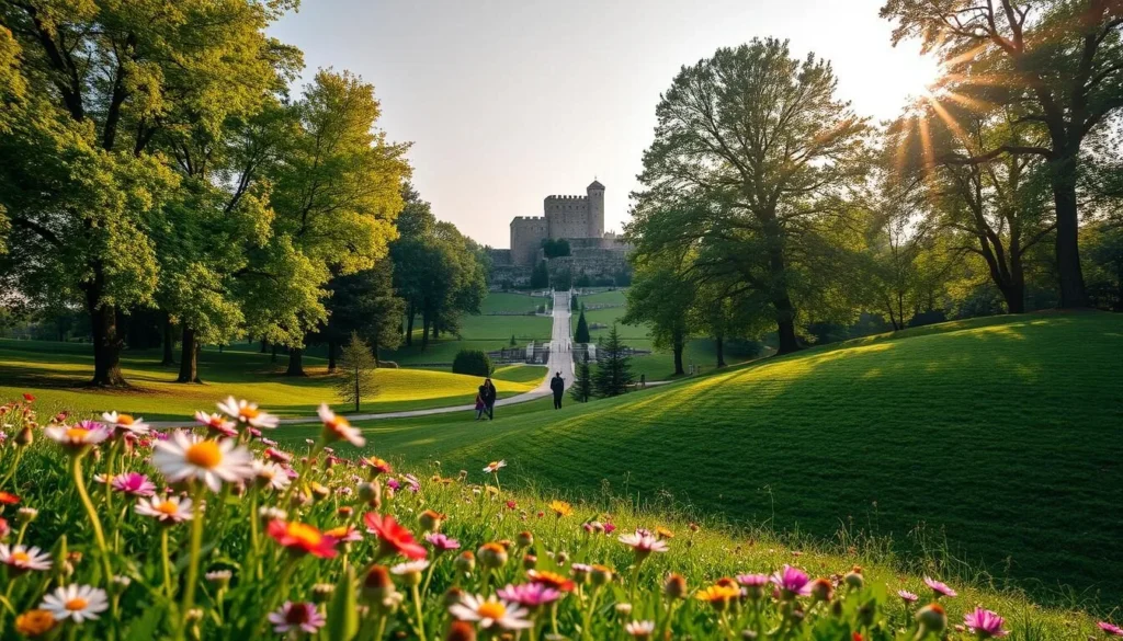 Kaylaka Park, a lush green oasis nestled in the heart of Pleven, Bulgaria. Capture the tranquil ambiance with a wide-angle lens, showcasing the rolling hills and manicured pathways that wind through the serene landscape. In the foreground, vibrant wildflowers dot the landscape, their petals gently swaying in the warm, golden sunlight. In the middle ground, families stroll along the tree-lined avenues, basking in the natural beauty that surrounds them. Towering trees provide dappled shade, creating a picturesque scene of outdoor respite. In the background, the iconic Kaylaka Fortress stands tall, its ancient walls and turrets a testament to the region's rich history. Convey a sense of peaceful solitude and natural wonder, inviting the viewer to escape the bustling city and immerse themselves in the beauty of Kaylaka Park.