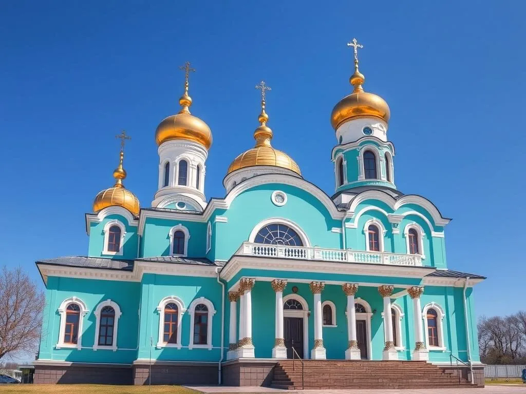 Kazan Cathedral in Chita with golden domes and turquoise exterior