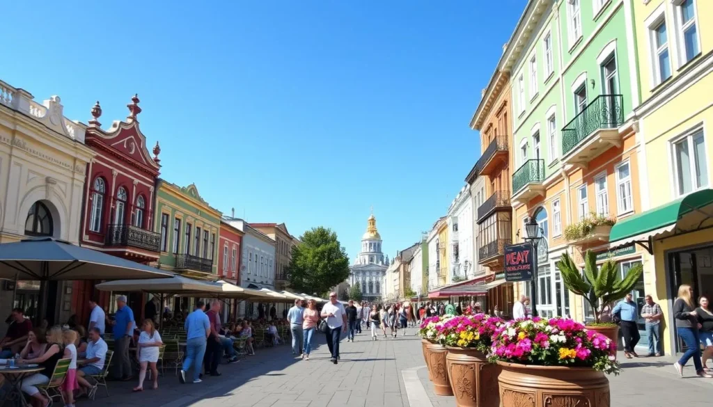 Kazan's Bauman Street in summer with outdoor cafes, tourists, and colorful buildings