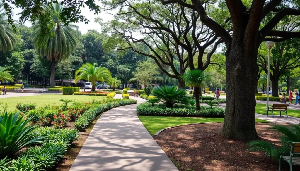 Kebon Rojo Park in central Blitar showing tropical gardens, walking paths, and recreational areas