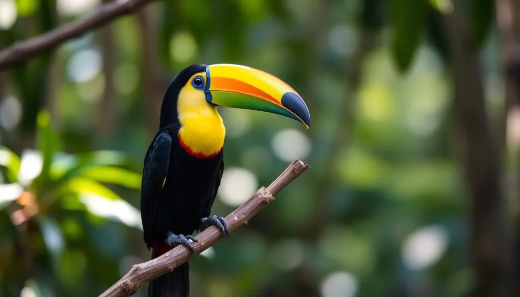 Keel-billed toucan perched on a branch in Omoa National Park