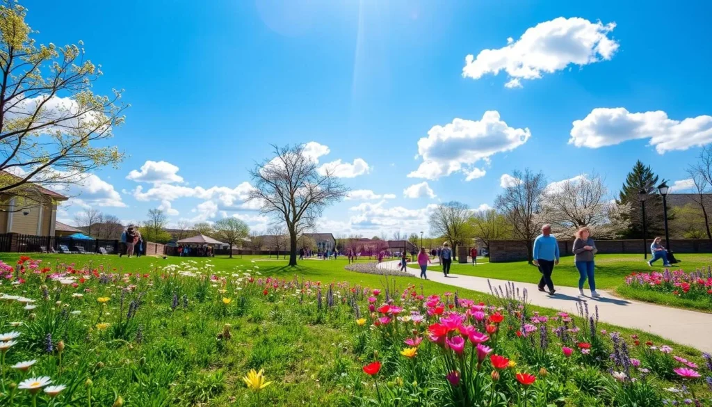Keller Town Center Park during spring with blooming flowers and visitors enjoying the weather Keller Town Center Park during spring with blooming flowers and visitors enjoying the weather