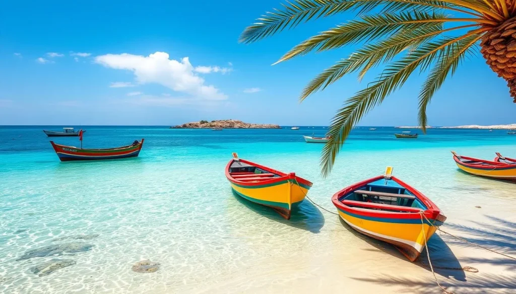 Kerkennah Islands beach with traditional fishing boats