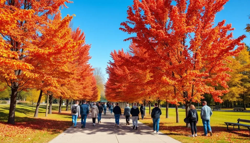 Khabarovsk city park in autumn with colorful foliage and people walking Khabarovsk city park in autumn with colorful foliage and people walking