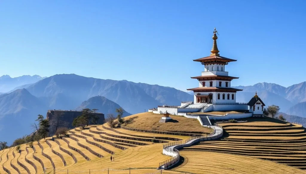 Khamsum Yulley Namgyal Chorten pagoda on a hilltop with mountain backdrop and rice terraces below