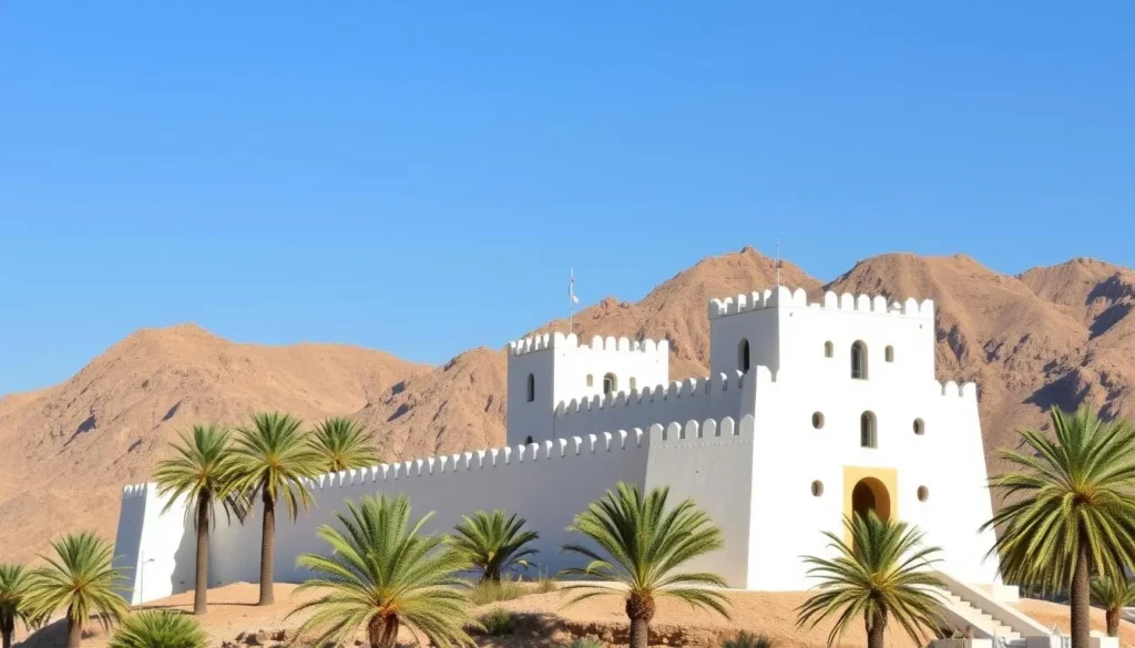 Khasab Fort with its distinctive white walls against the backdrop of rugged mountains