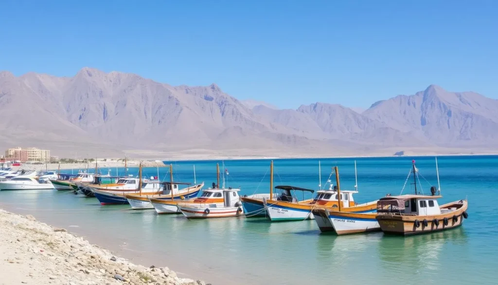 Khasab harbor with traditional fishing boats and the mountains of Musandam in the background