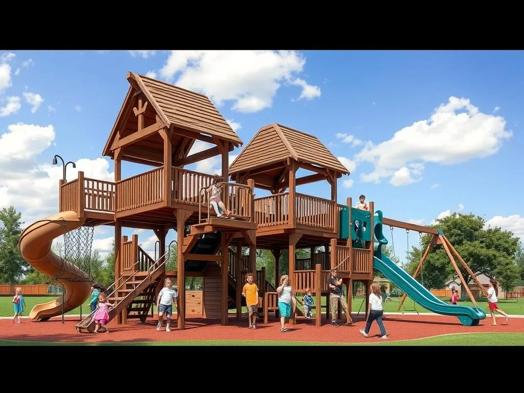 Kidsville Playground in Duncanville Texas with wooden structures and play areas