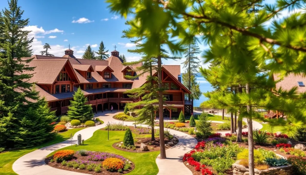 Killarney Mountain Lodge with its rustic wooden architecture and Georgian Bay in the background - where to stay when exploring things to do in Killarney, Ontario