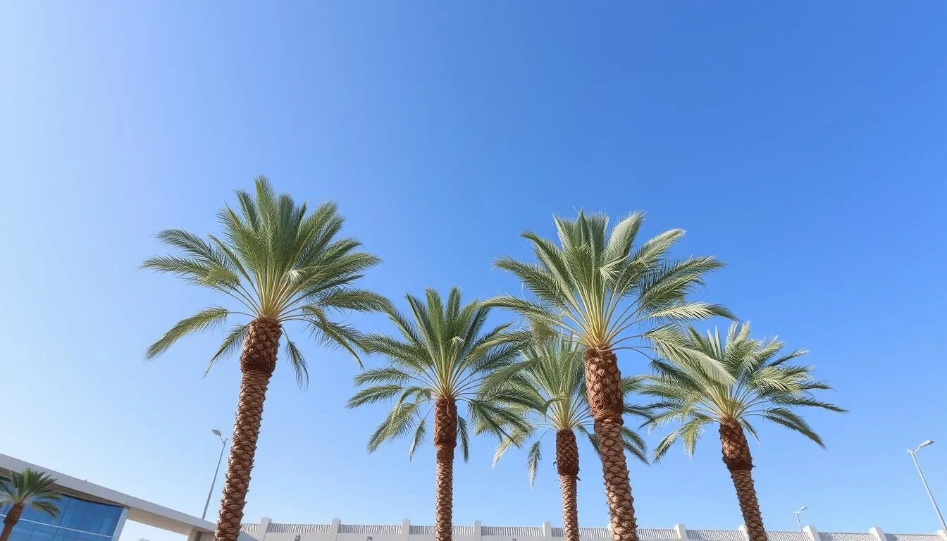 King Fahd International Airport in Dammam, Saudi Arabia with modern terminal building and palm trees