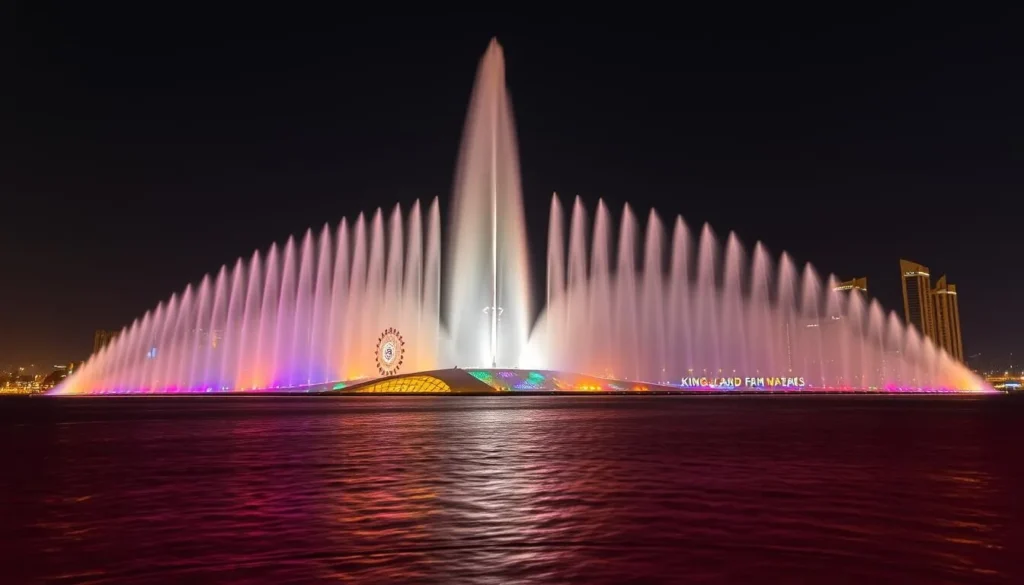 King Fahd's Fountain in Jeddah shooting water high into the air at night with colorful illumination