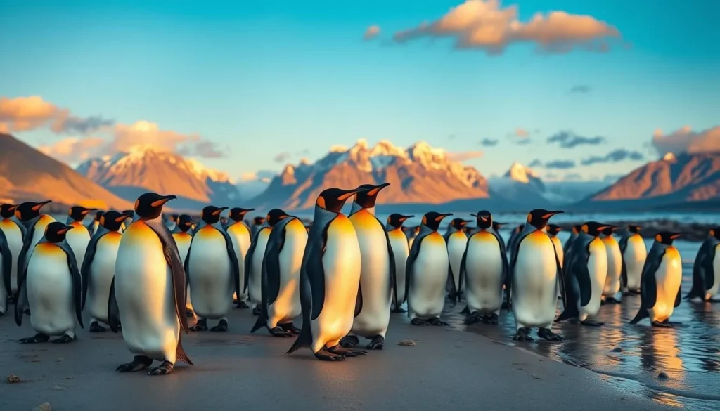 King penguins on South Georgia Island beach during summer with golden light