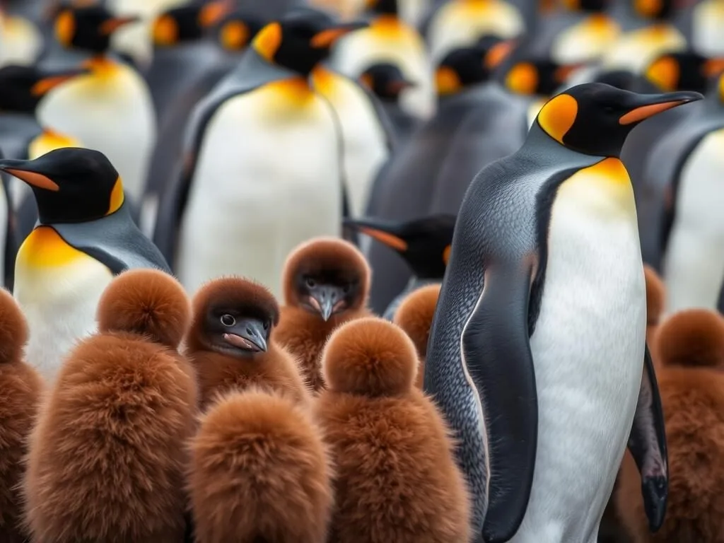 King penguins with brown fluffy chicks on Saunders Island, Falkland Islands