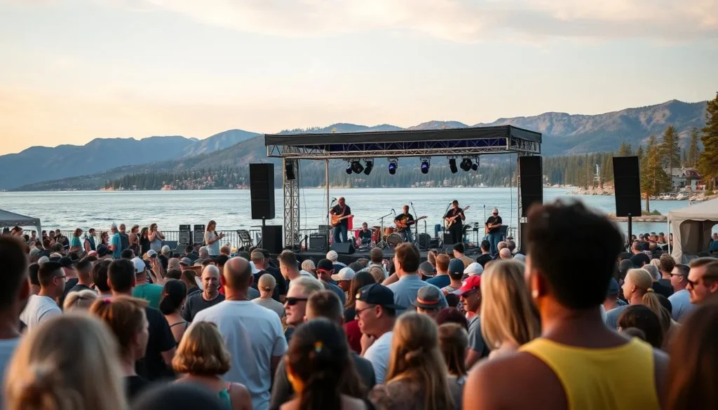Kings Beach Music on the Beach concert series with crowd enjoying live music by the lake