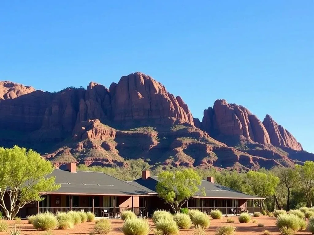 Kings Canyon Resort accommodation with red rock formations in the background