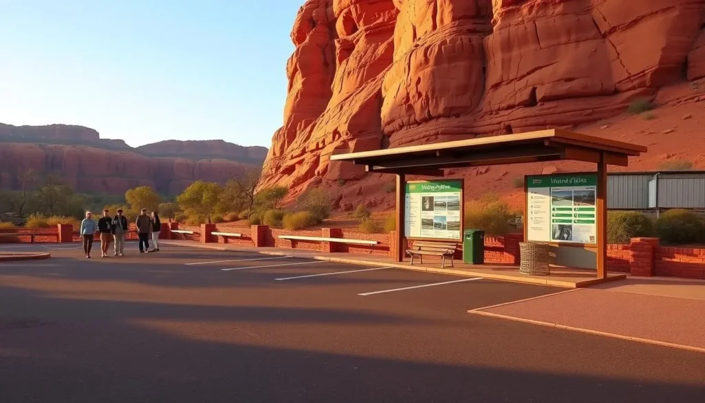 Kings Canyon car park and visitor facilities at Watarrka National Park with information shelter and directional signage