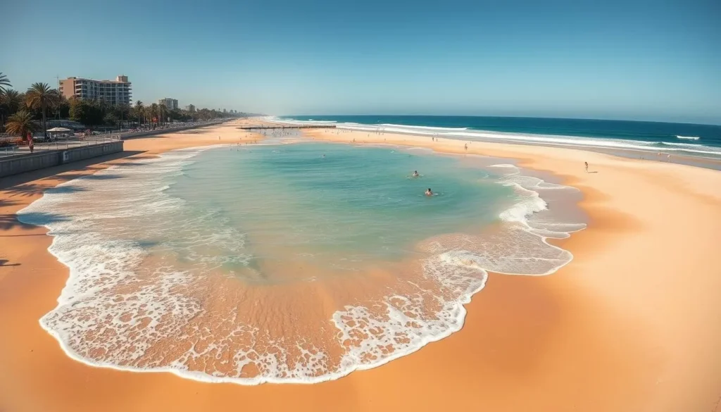 Kingscliff Beach on a sunny day with people enjoying the water and sand