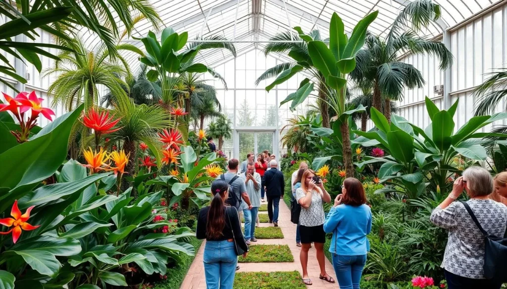 Kirov Botanical Garden greenhouse with exotic plants and visitors Kirov Botanical Garden greenhouse with exotic plants and visitors