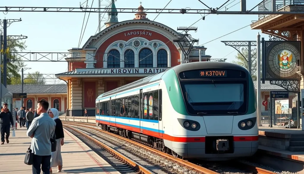 Kirov railway station with the Trans-Siberian train arriving Kirov railway station with the Trans-Siberian train arriving