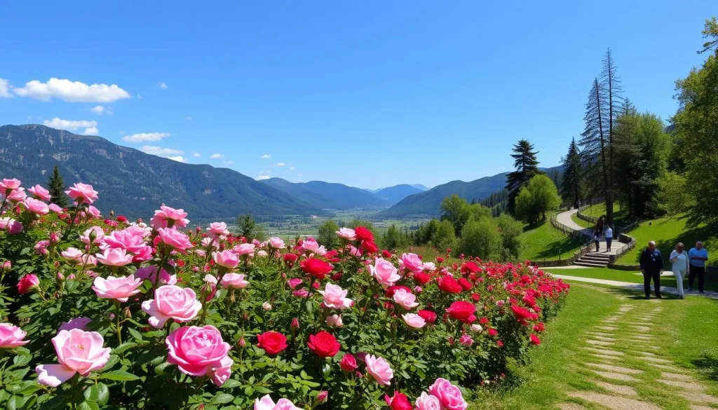 Kislovodsk National Park in summer with blooming Valley of Roses and clear mountain views