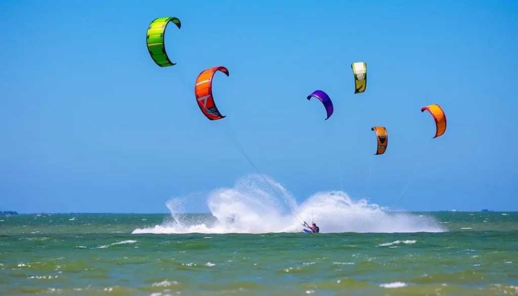 Kiteboarding and water sports at Texas City with colorful kites in the air