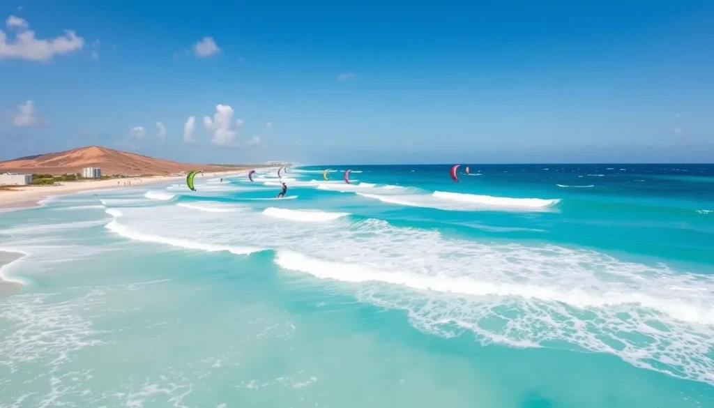 Kitesurfers at Boca Grandi beach near San Nicolas Aruba with dramatic waves