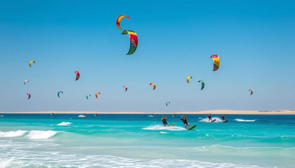 Kitesurfing on the Red Sea with colorful kites against blue sky