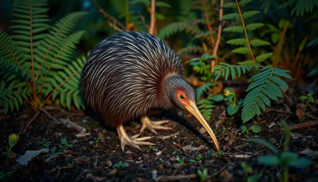 Kiwi bird foraging on forest floor at dusk on Stewart Island Kiwi bird foraging on forest floor at dusk on Stewart Island