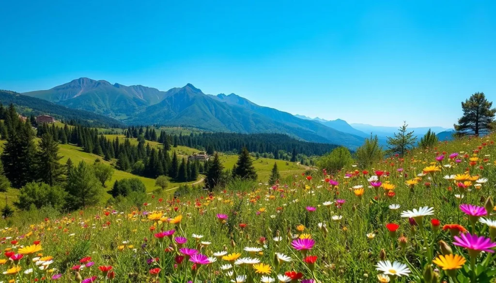 Kobayat Lebanon in spring with blooming wildflowers and green mountains