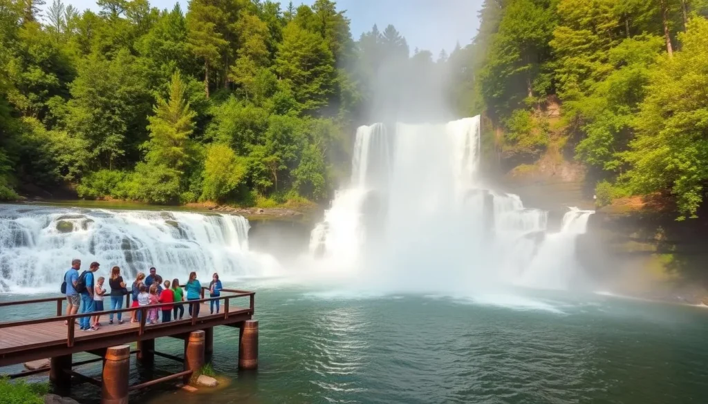 Korbu Waterfall at Lake Altai with tourists on viewing platform Korbu Waterfall at Lake Altai with tourists on viewing platform